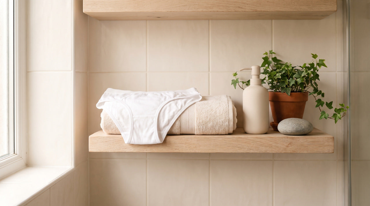 Folded cotton underwear, a towel and an unscented wash on a bathroom shelf