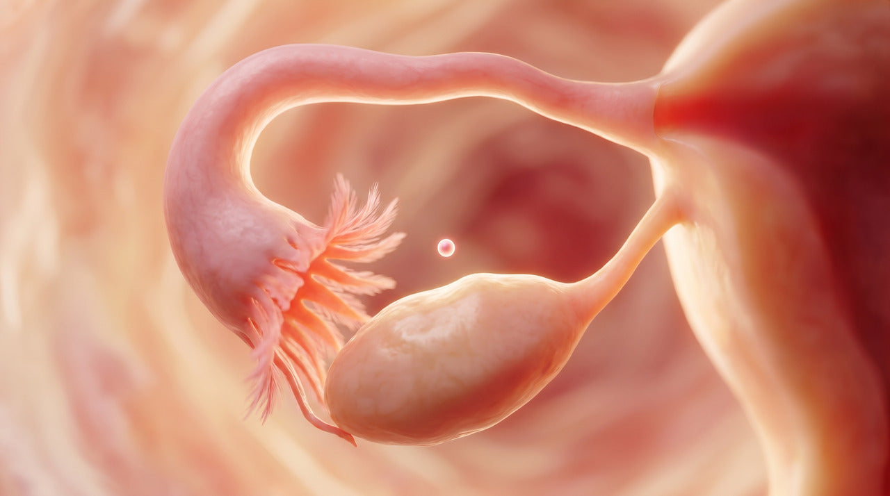 Illustration of a fallopian tube with its fringed end resting by the ovary and a released egg between them