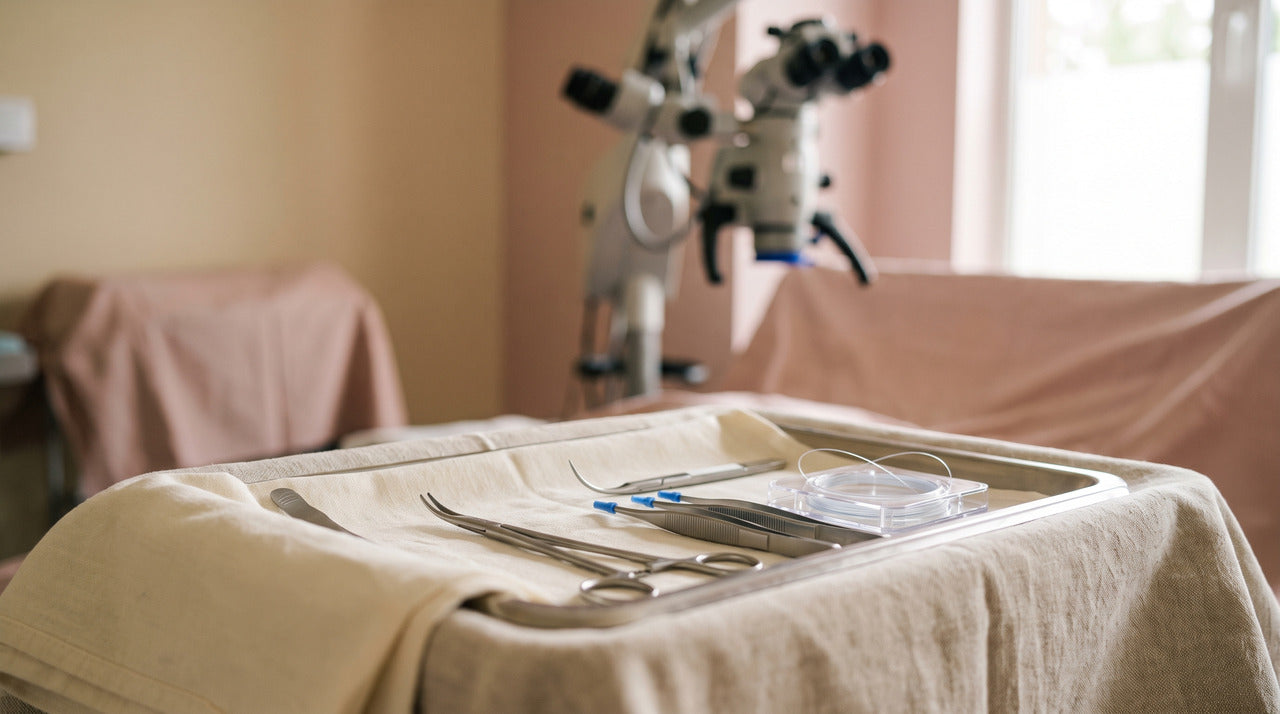 Tray of fine microsurgical instruments with a surgical microscope behind in a surgical room where procedures like vasectomies are carried out