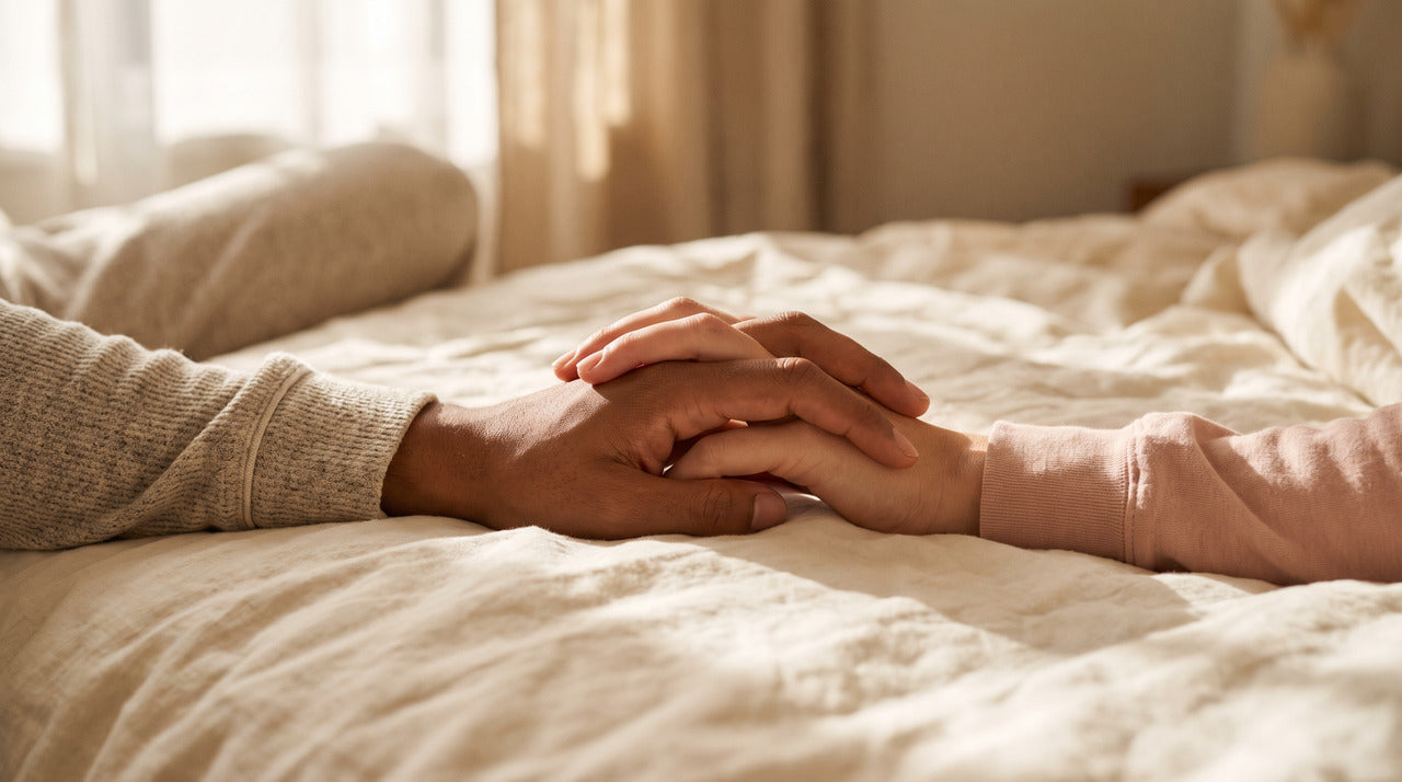 Couple holding hands on cream bed sheets