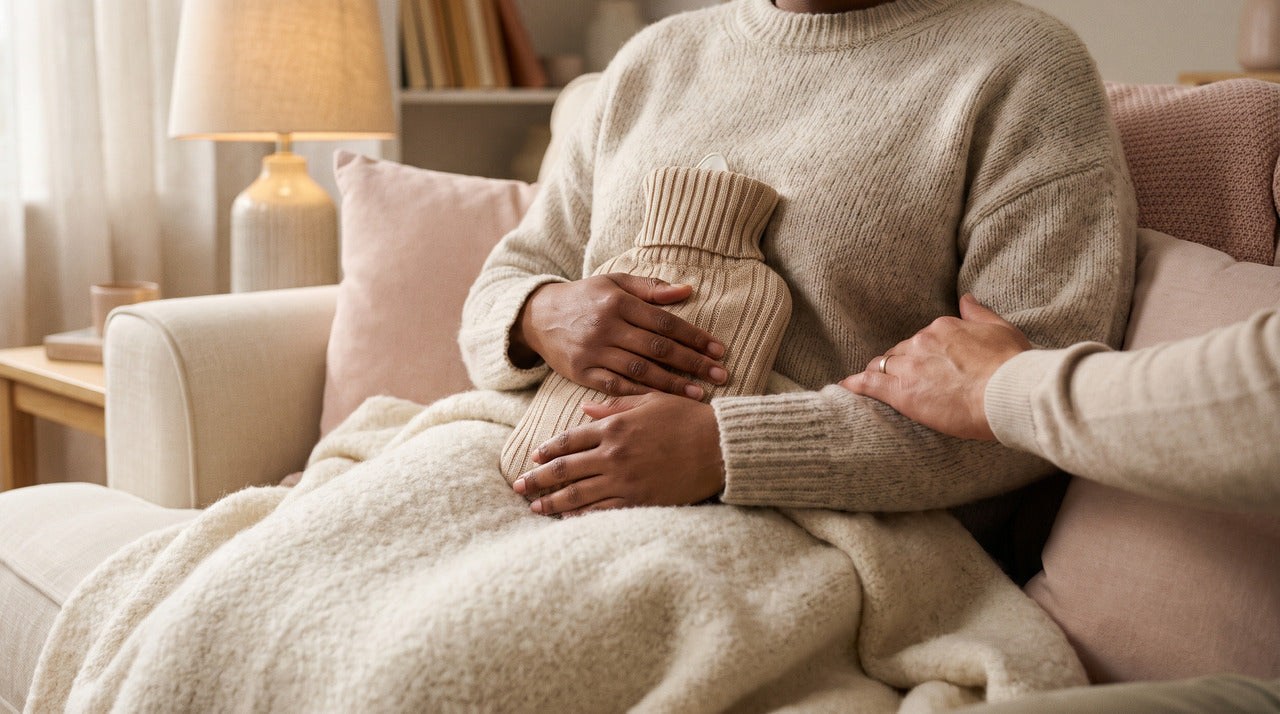 Woman resting on a sofa with a hot water bottle while her partner rests a hand on her arm, depicting a woman with endometriosis and the discomfort she feels in her lower abdomen 