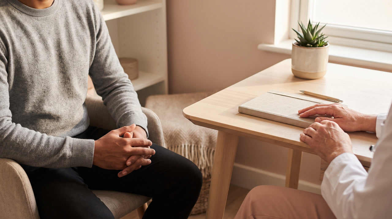 Man in a calm consultation with a doctor across a desk discussing erectile dysfunction