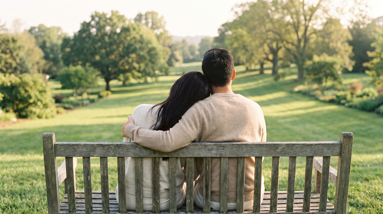 Depiction of a couple who have gone through a miscarriage sitting together on a garden bench in a park, her head resting on his shoulder