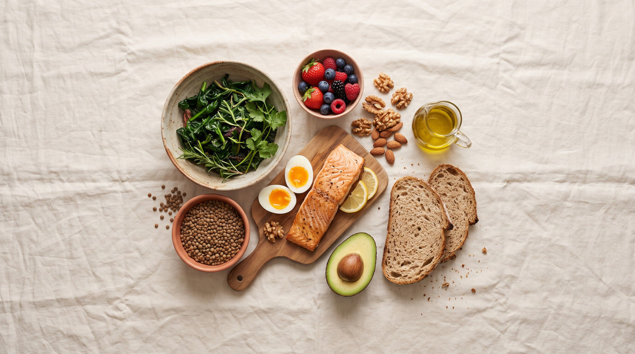 Overhead spread of salmon, eggs, leafy greens, lentils, berries, nuts, avocado and wholegrain bread, depicting foods to eat when trying to conceive