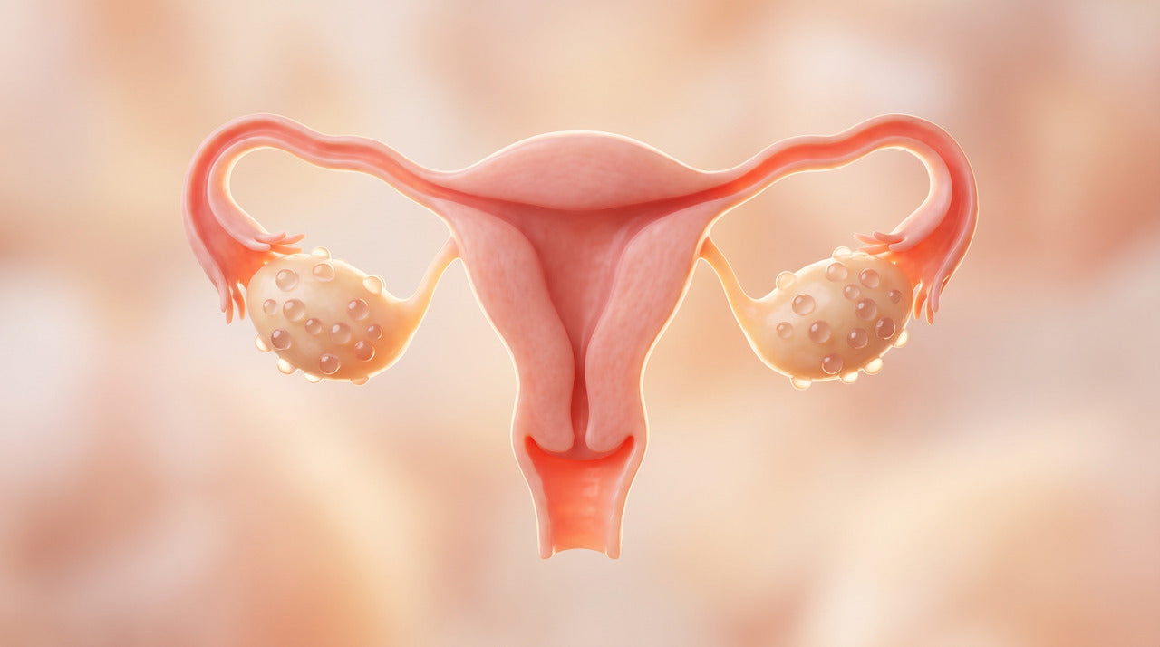 Illustration of the womb and both ovaries, with many small follicles on each ovary