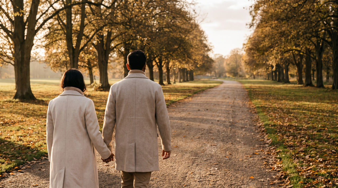 Depiction of a couple trying to conceive walking hand in hand along a tree-lined park path in autumn