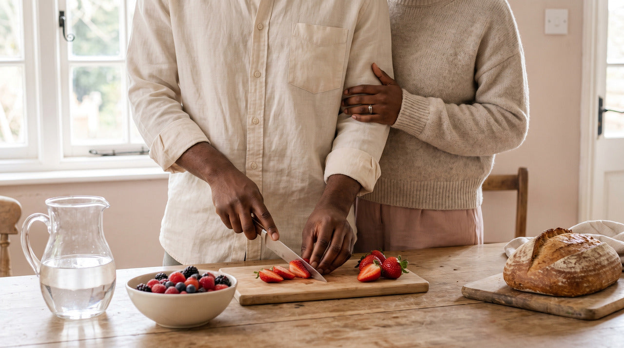 Couple preparing breakfast together, slicing strawberries in a bright kitchen