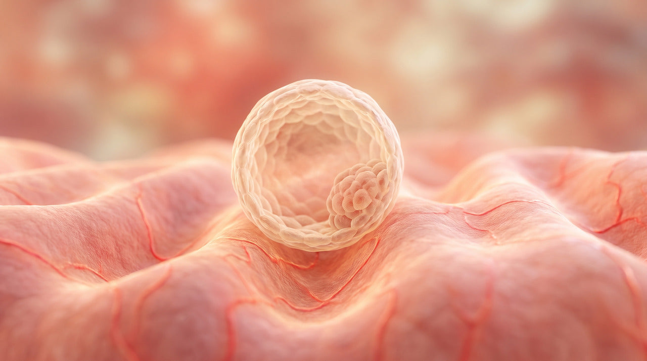 Illustration of a blastocyst settling onto the lining of the womb, depicting the implantation of the egg during ovulation