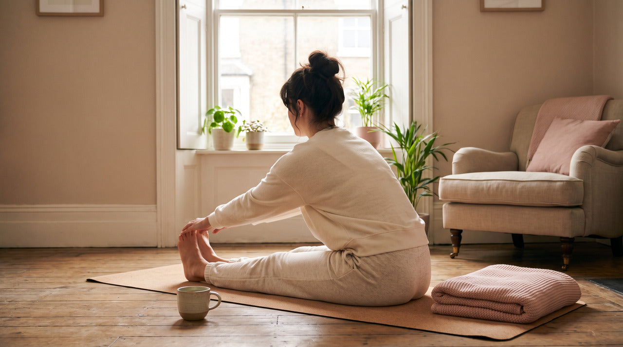 Woman doing a gentle seated stretch on a yoga mat in a sunlit living room preparing for meditation to lower stress
