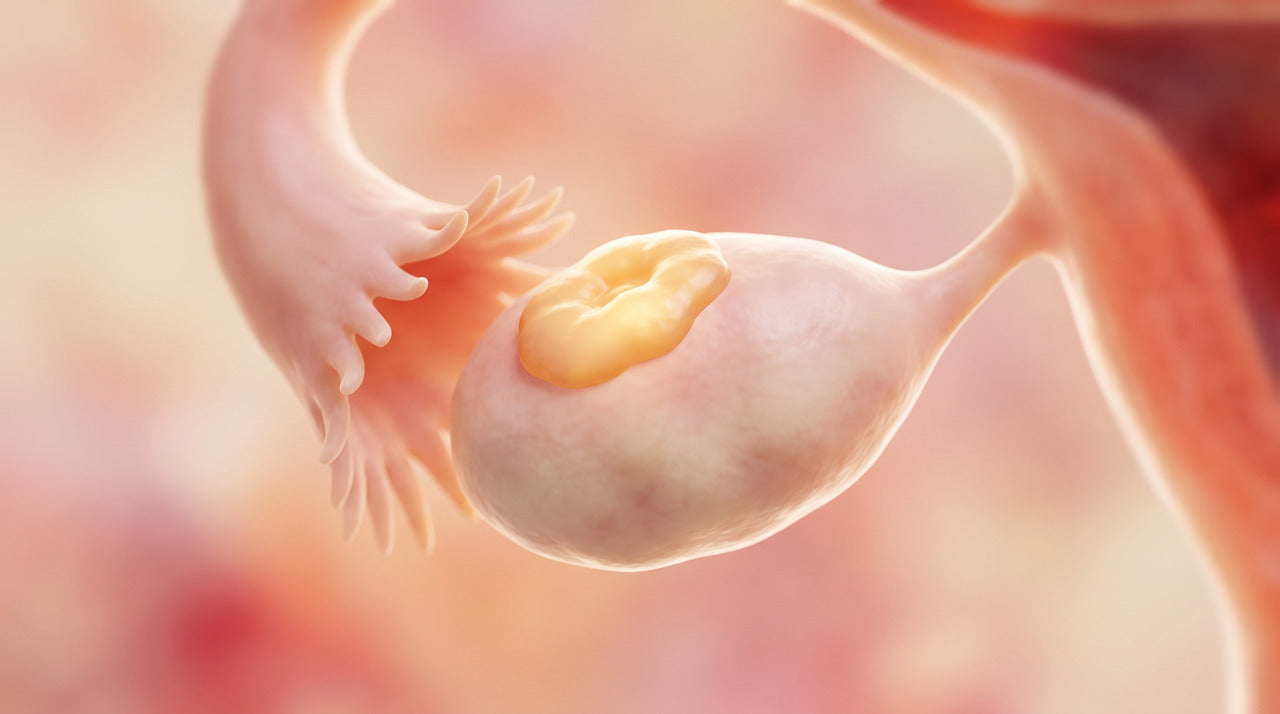 Illustration of an ovary with a corpus luteum on its surface beside the fallopian tube, depicting a defect in the luteal phase