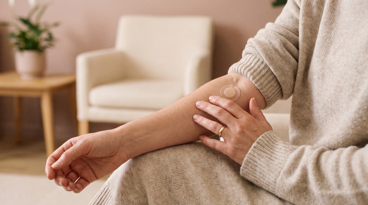 Woman's arm with a small round plaster in the crook of the elbow after a blood test for FSH levels