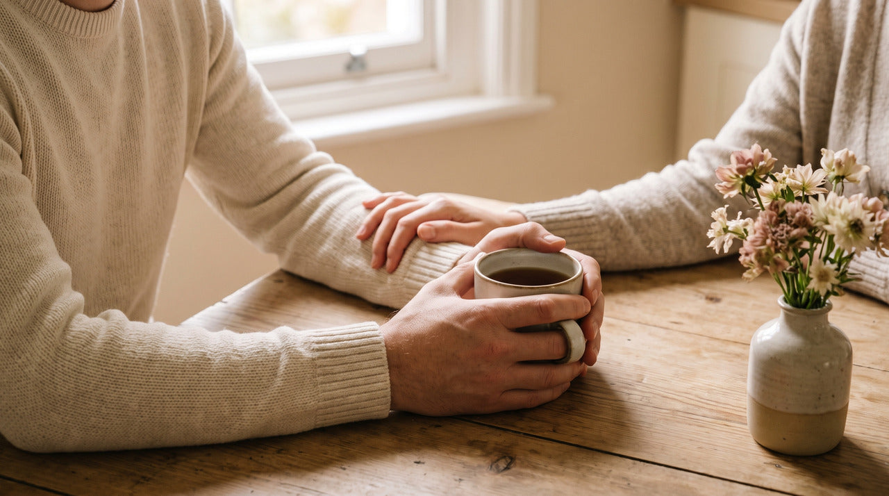 Couple talking at a kitchen table, her hand resting on his arm
