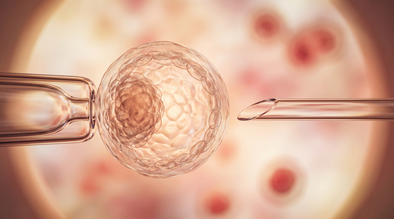Microscope view of an embryo held by a glass pipette in an IVF lab, depicting gender selection before implantation