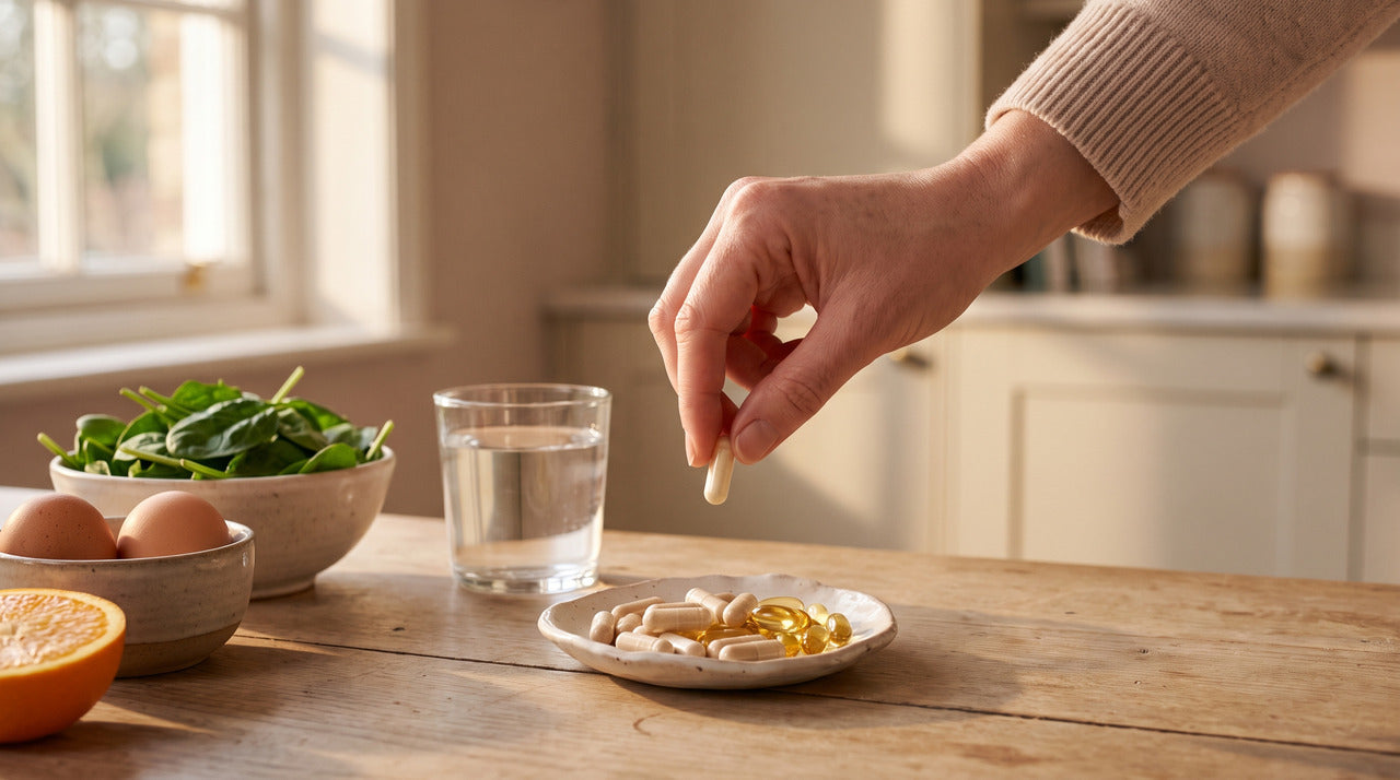 Hand picking up a vitamin capsule beside a glass of water, spinach, eggs and an orange