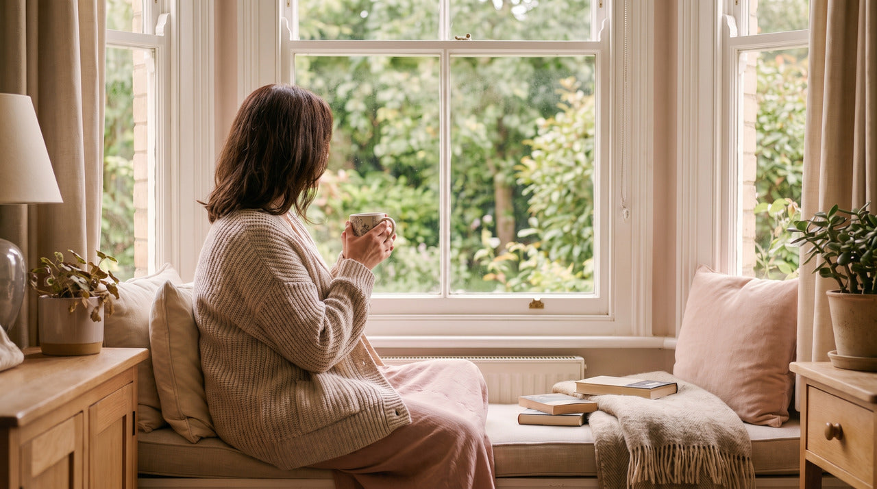 Depiction of a woman with perimenopause sitting on a window seat with a mug of tea, looking out at the garden