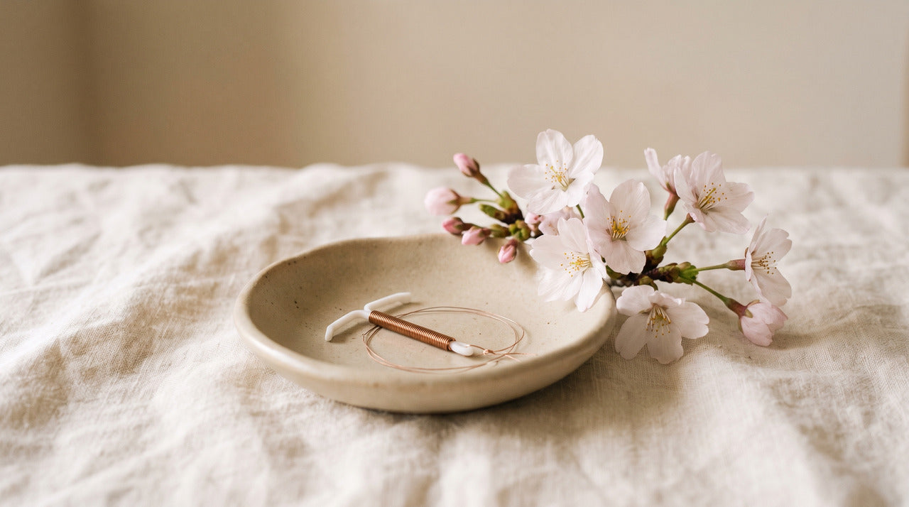 Copper IUD in a small ceramic dish beside a sprig of spring blossom