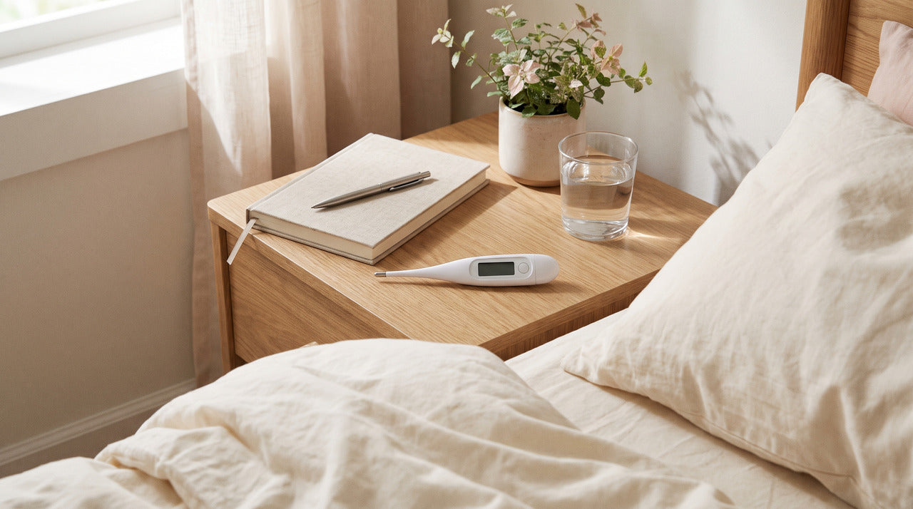 Bedside table with a basal body thermometer, a notebook and a glass of water
