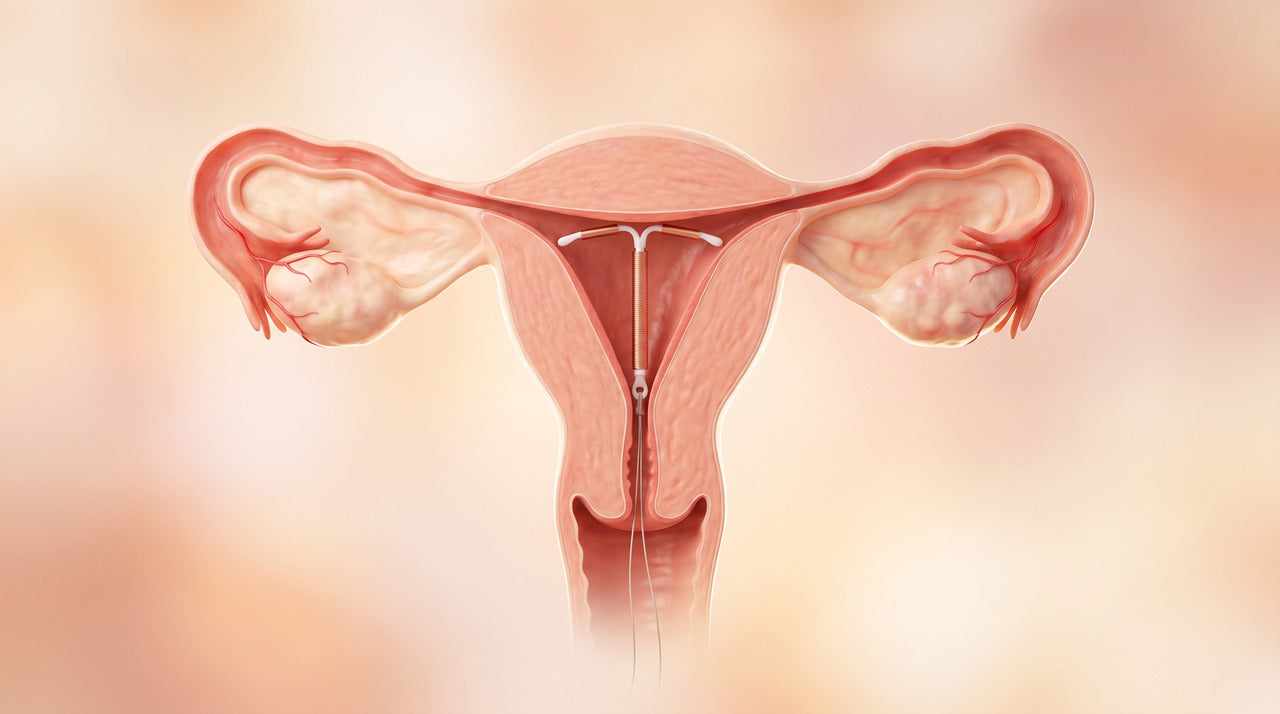 Illustration of the womb with a copper IUD in place and its threads passing through the cervix