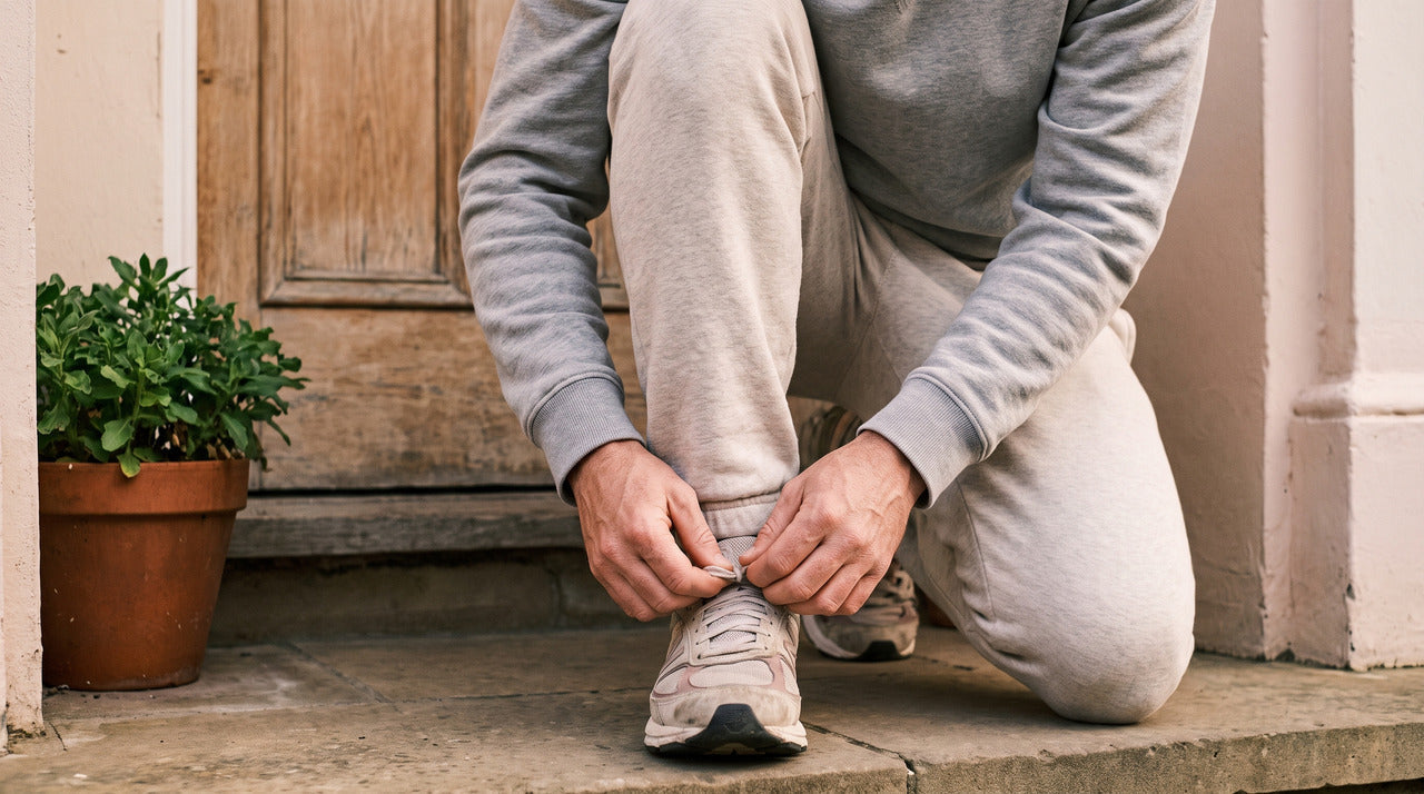 Man tying his running shoes on a front doorstep in morning light