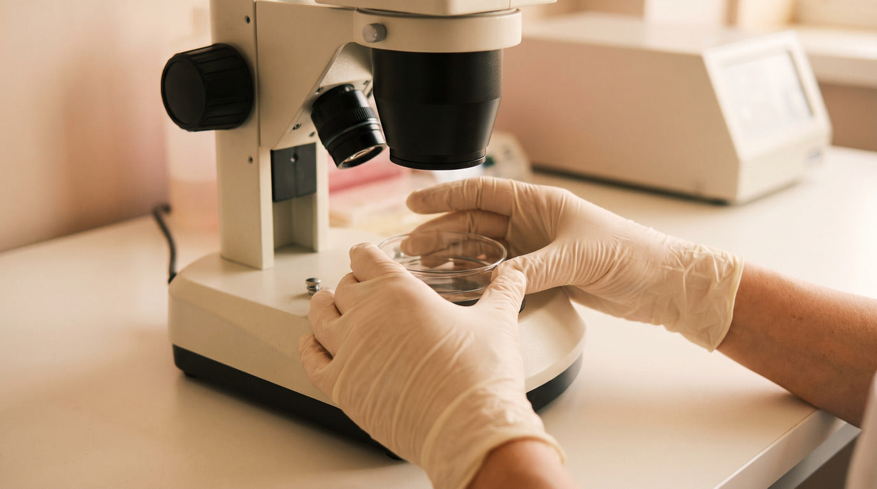 Gloved hands placing a culture dish under a microscope in an IVF lab depicting what happens in the lab before implantation