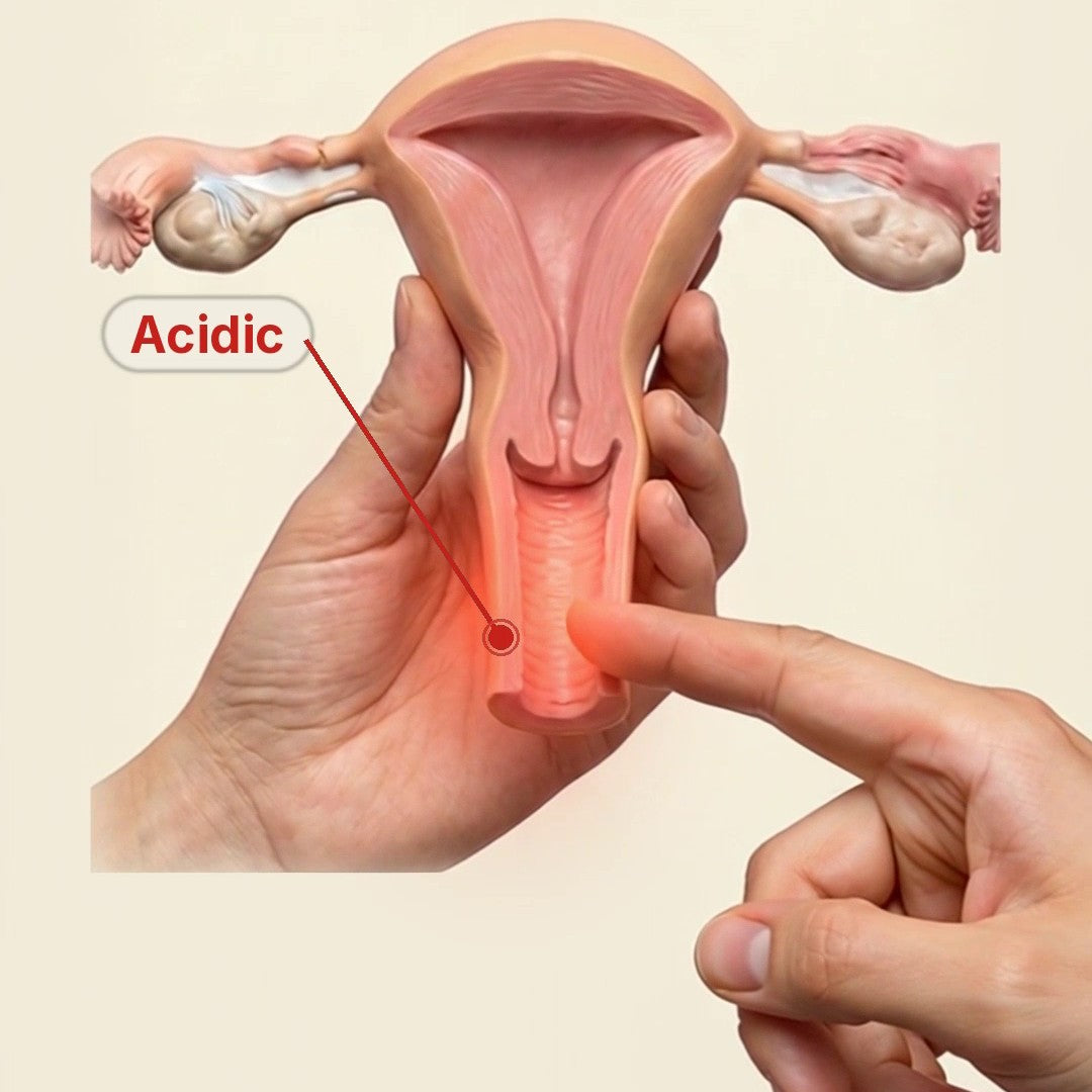 Anatomical model with the vaginal canal labelled 'Acidic'